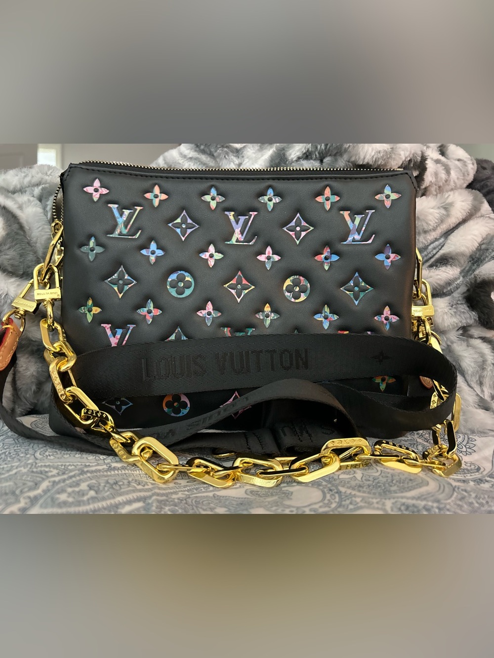 Louis Vuitton Black Leather Shoulder Bag with Multicolor Monogram Cutouts